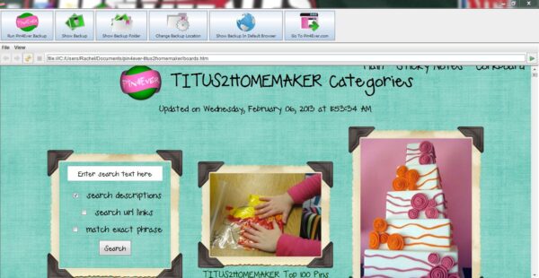 Pin4Ever Pinterest backup - screen capture of the main navigation panel