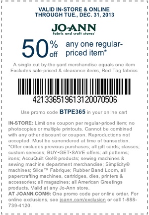 50% off coupon for JoAnn, December 2013