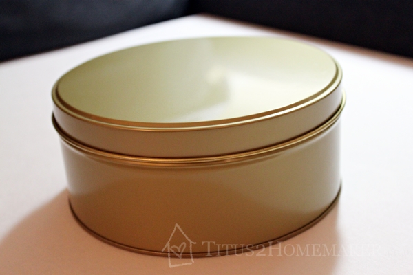 Dollar Store Redos -- tin "before"  -- Titus 2 Homemaker #t2hmkr