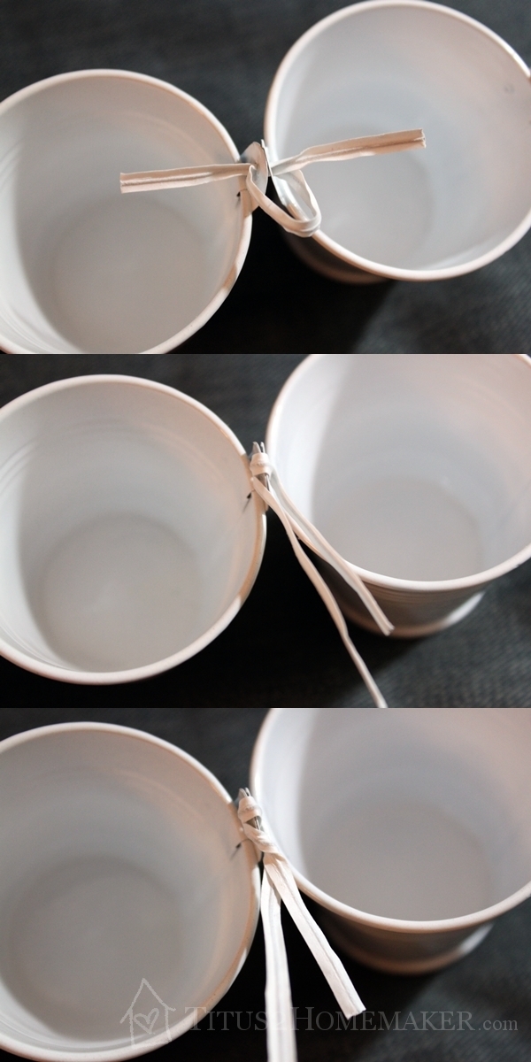 Dollar Store Redos -- tying the tiny tin pails together -- Titus 2 Homemaker #t2hmkr