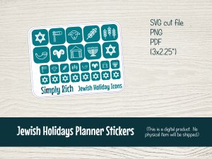 Printable Jewish Holiday Icons Planner Stickers with cut files for Silhouette (mini-sheet)